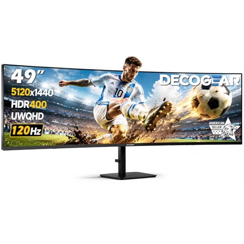 Deco Gear 49 Inch Curved Ultrawide Monitor, 5120x1440 Dual QHD 32:9 1500R VA Display, HDR400, 120Hz, Adaptive Sync, 1ms MPRT, USB-C 65W PD, KVM, PIP/PBP, Gaming & Workstation Setup, for PC & Laptop