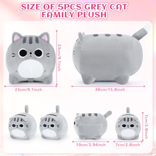 Image of 5 PCS Grey Cat Plush Stuffed Animal Family-15.8 inch Large Grey Cat Plush, Cat Mommy Cat with 4 Baby Kittens Cat Plushies for Kids, Kawaii Cat Plush Toy Christmas Birthday Gifts for Kids Boys Girls