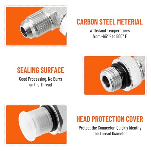 Image of 5 Pack 90 Degree Elbow Hydraulic Hose Fittings: 3 /8 inch JIC 37 Male x #6 SAE /ORB Male, Hydraulic End Connectors with Protection Cover - 6801-06-06