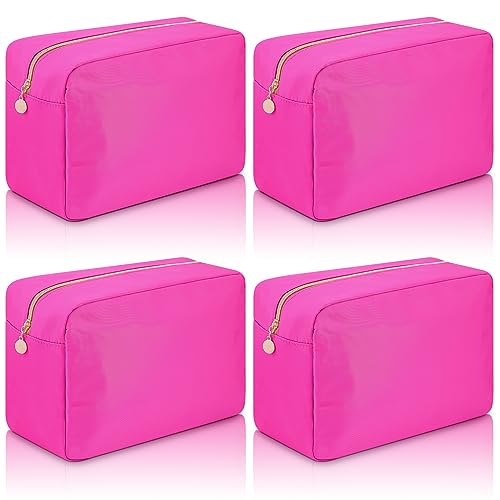 Hushee 4 Pcs Nylon Makeup Bag Christmas Gifts Preppy Zipper Pouch Nylon Toiletry Bag Waterproof Storage Bag for Women Organizer(Large,Hot Pink)
