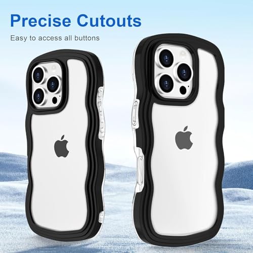 Image of GoldKart iPhone 16 Pro Max Case Wavy Edge Clear Back Design, Anti-Slip Grip Cute Wave Curly Frame Shape Shockproof Soft TPU & Hard PC Bumper Protective Phone Case Cover for Women Girls - Black