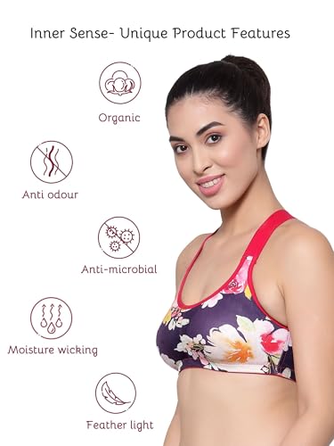 Image of Inner Sense Sports Bra for Women Made with Organic Cotton and Bamboo I Adjustable Padded Bra for Women with Cross Back Strap I Wire Free Medium Impact Innerwear
