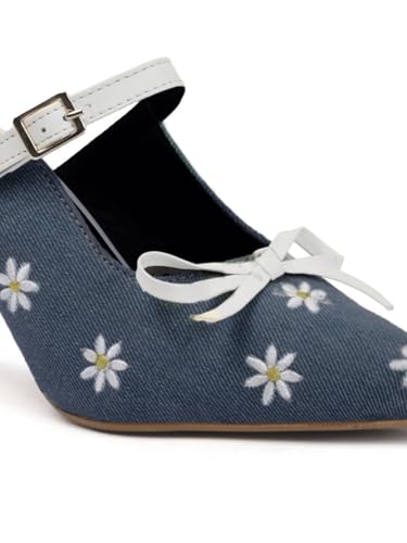Image of TRYME Denim Embroidered Mules Style Bow Pointed Toe Slip-on Stilettos Heel Sandals for Womens and Girls