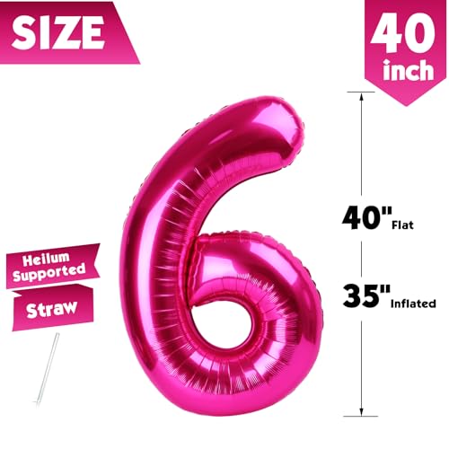 Image of 40 Inch Hot Pink Number 6 Balloon, 6th Birthday Party Decorations | 40 Inch Hot Pink inflatable foil number balloons, large birthday decorations for 6th birthday