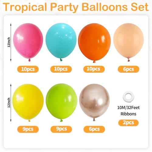 Image of Funhot Tropical Balloons, 60 Pcs Summer Balloon 12 Inch Teal Blue Metallic Gold Orange Pink Hot Fruit Green Balloons Multicolor for Aloha Luau Pool Party Hawaiian Baby Shower Birthday Party Decoration