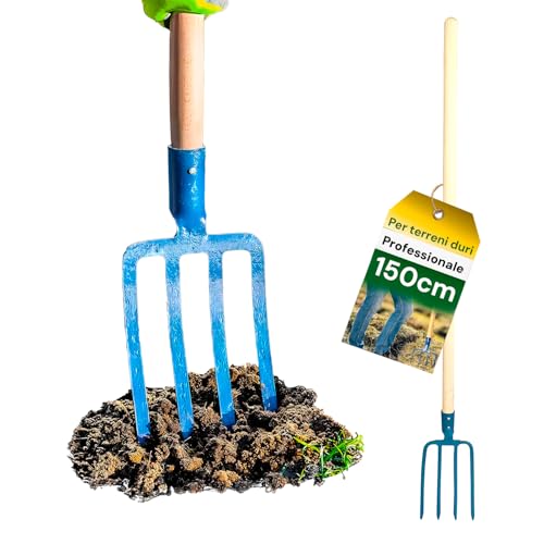 Avilia Forca per Vangare a 4 Denti in Acciaio con Manico in Mogano 150cm - Forca da Scavo e Giardino, Testa Forgiata 16cm, Ideale per Terreni Duri e Trapianti, 150x10x16cm