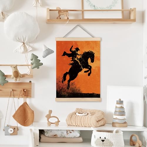 Image of PQKIY Rustic Western Cowboy Wall Art Poster Hanger Frame 12x16 in, Retro Orange Southwestern Desert Sunset Rodeo Horse Cowboy Wall Decor Canvas Prints for Home Room Office Men Cave
