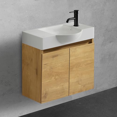 Alpenberger Waschtisch mit Unterschrank 55 cm Breit | Waschbecken mit Unterschrank Bad Möbel Modern Set | Kleines Waschbecken Gäste WC Möbel | Waschbeckenunterschrank Badezimmermöbel (Eiche Natur)