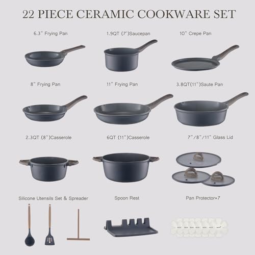 Image of USELUCK 22-Piece Ceramic Cookware Set, Nonstick Pots and Pans Set