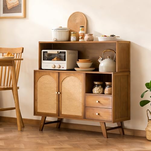 Kavie Bamboo Rattan Sideboard, Kitchen Storage Cabinet with Drawers & Open Shelves, Multipurpose Dining Buffet Cabinet for Home (Brown,38.5' L*9.8' W*36.6' H)