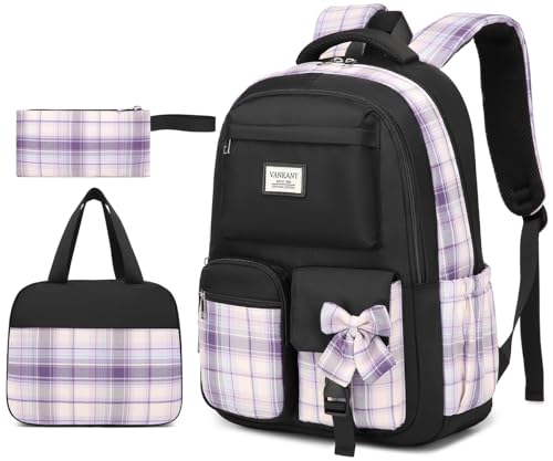 Image of 3 Packs Girls Backpack Teen Girls Bookbag with Lunch Box, Big Student School Backpack for Middle High School College Women Cute Schoolbag for Kids Teenage Back Pack, Black Purple