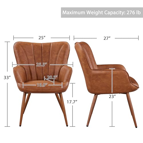 Yaheetech PU Leather Armchair, Modern Accent Chair with Metal Legs, Comfy Upholstered Barrel Chair for Living Room Bedroom Vanity Room, Brown - Image 4