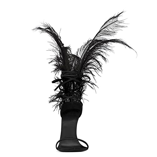 Bopchk Black Feather Sandals for Women Ostrich Hair Decor Thin High Heels Dance Shoes Ladies Fur Sandals T Show Party Shoes2