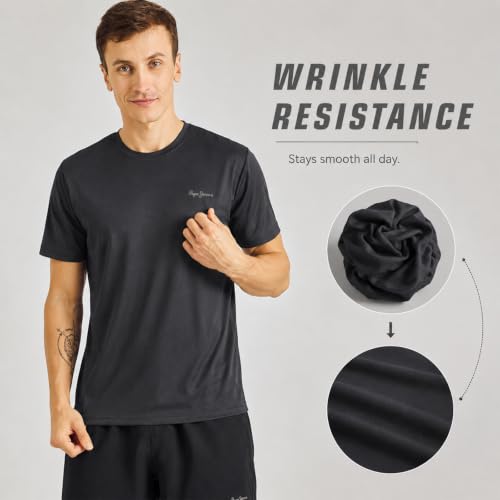 Image of Pepe Jeans Men's Solid Polyester Regular Fit T-Shirt | Lightweight Quick-Dry Athleisure Tee for Sports, Gym & Casual Wear | Moisture-Wicking Fabric | Round Neck | Short Sleeves | Active Comfort