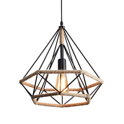 Lustre industriel en fer forgé et corde de chanvre tressée main E27