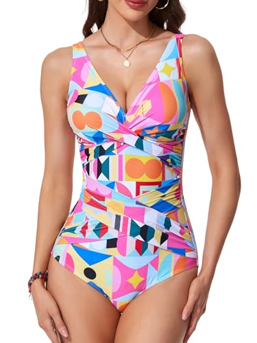 Image of Smismivo Tummy Control Swimsuits for Women Slimming One Piece Bathing Suit Retro Ruched Push Up Vintage Padded Swimwear