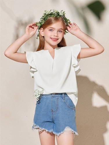 Image of Haloumoning Girls Summer T Shirts Kids Fashion V Neck Ruffle Short Sleeve Tops Blouse 5-14 Years