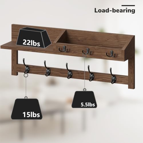 Image of AMBIRD Wall Hooks with Shelf, 26.57 Inch Entryway Wood Coat Hooks for Wall with Shelf, Coat Rack Wall Mount with 5 Dual Hooks 3 Key Hooks Mail Organizer and Key Rack Holder (Brown)