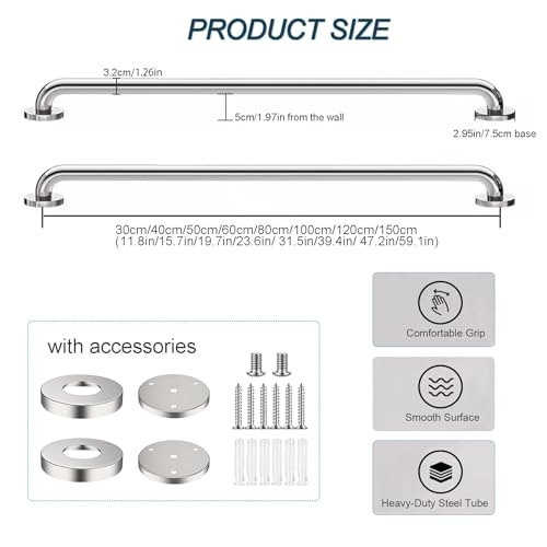 Barra di sostegno resistente in acciaio inox, antiscivolo, da parete, per doccia e vasca da bagno, asta di supporto antiscivolo da 80 cm per la sicurezza del bagno