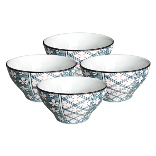 Image of Lellow Premium Ceramic Bowl Set of 4 - Handcrafted Blue Checkered Print Bowls for Soup, Noodles, Snacks & Desserts - Microwave & Dishwasher Safe, 300ml