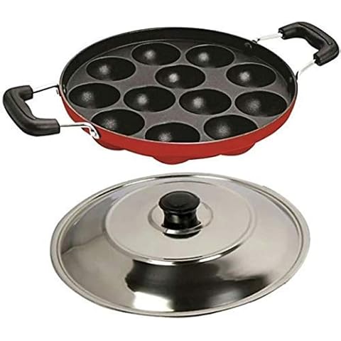 Tuelip Non Stick Appam Pan 12 Pits with Plastic Scrubber and Wooden Stick and Black Notch (Lid) Cover
