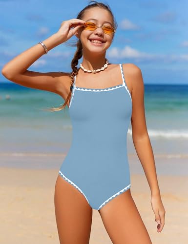 Image of WIQI Girls Swimsuit One Piece Bathing Suit Color Contrast Trim Girls' Swimwear with Cover Up Skirt Size 9-16