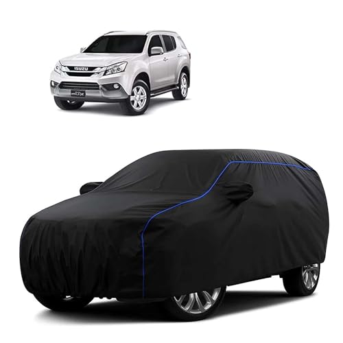 Image of Sulfar 100% Water Resistant Car Body Cover Compatible with Mirror for Isuzu MU X (Triple Stitched, Full Bottom Elastic, Black Tafetta with Blue Piping)