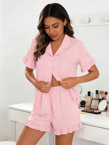 Image of SWOMOG Woman Pajama Set Short Sleeve Pjs Set 2Pcs Short Pajamas Button Down Ruffle Hem Sleepwear Soft Modal Loungewear