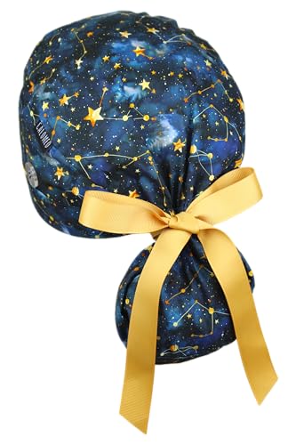 Image of Scrub Cap for Women and Men, Ponytail Scrub Caps, Working Hat, Head Cover with Ribbon Ties and Buttons, Long Hair