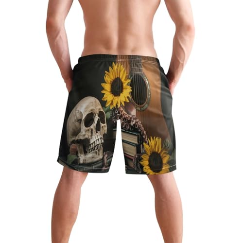 Quick Dry Sunflower and Guitar Skull Men's Swimming Shorts Swim Trunks with Mesh Lining Beach Wear - S2