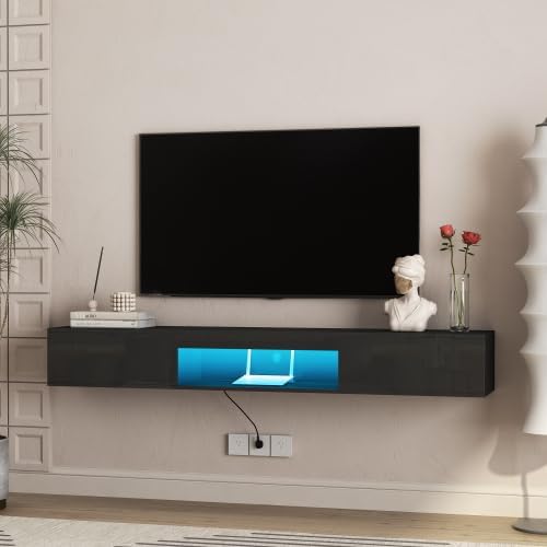 Ferand Floating TV Stand Wall Mounted with 16 Color LED Lights, 69 Inch Modern High Gloss Entertainment Center, Storage Cabinet for 55 60 65 Inch TV, Cable Management, Black Finish