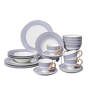 Luxurious 20-piece, service for 4, blue accent 24k gold trimmed ivory porcelain dinnerware set – Prestige collection