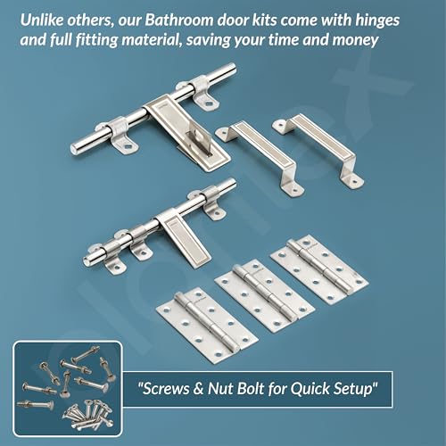 Image of Plantex Stainless Steel Door Kit for Bathroom /Door Hardware /Accessories /3 Hinges /10 inch Al-Drop /8 inch Latch /8 inch 2 Handles - Pack of 1 (APS-1320, Chrome)