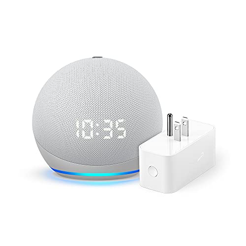 Echo Dot (4th Gen) with clock + Amazon Smart Plug | Glacier White 