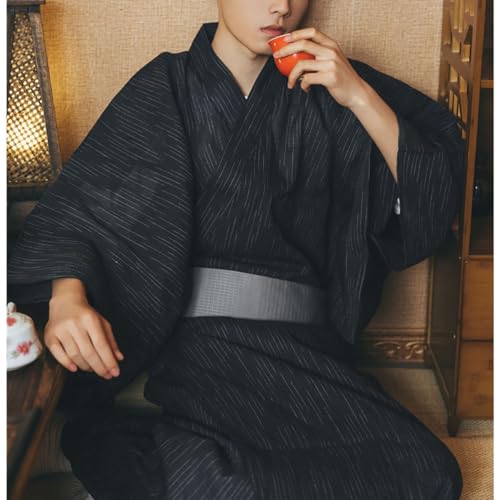 Men's Japanese Kimono with Obi Belt Traditional Pattern Yukata Robe Summer Kimono4