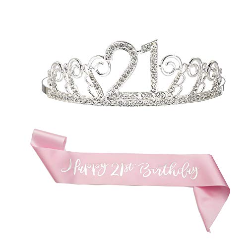 B4MBOO 21st Birthday Tiara and Sash | Happy 21st Birthday Party Supplies| â€œHappy 21st Birthdayâ€ Silver Pink Satin Sash and Crystal Tiara Birthday Crown | 21st Birthday Party Decoration Kit
