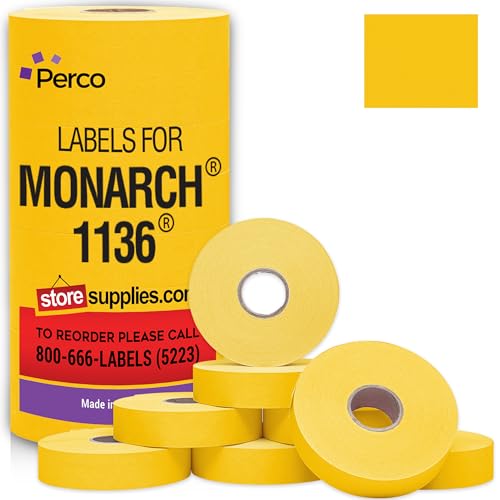 Perco Yellow Pricing Labels - 14,000 Price Marking Labels for Monarch 1136 Price Gun with Ink Roll Included - 8 Rolls Value Pack, 1 Sleeve - Made in USA