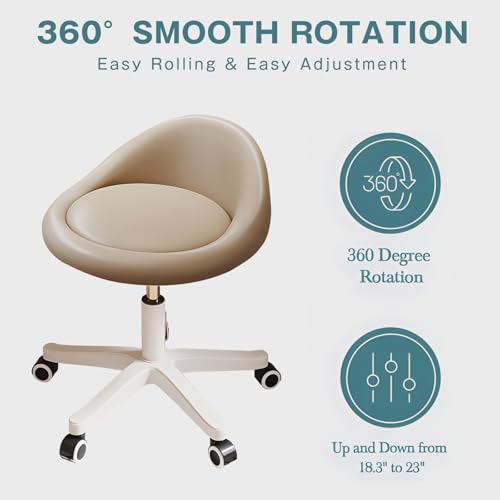 Image of Rolling Stool Chair with Backrest, Round PU Leather Adjustable Height Hydraulic Swivel Rolling Stool for Spa Salon Tattoo Massage Doctor Dental Medical Office Khaki Set of 2