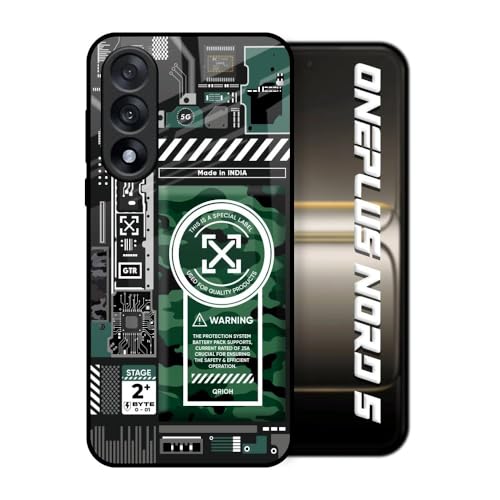 Image of Designer Tempered Glass Back Case Cover Compatible with OnePlus Nord 5 5G | Green Camo Circuit