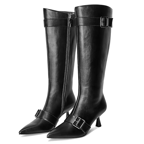 Knee High Boots for Women Kitten Heel Pointed Toe Long Dress Boots Buckles