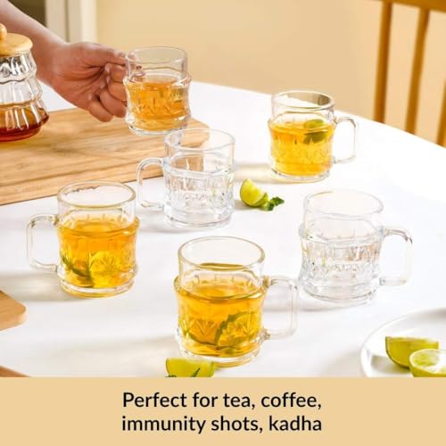 Image of Nestasia Transparent Glass Tea Cups Set of 6 (165ml Each) - Dishwasher Safe & 100% Food Safe Coffee Cups with Handle for Coffee, Tea, Hot & Cold Beverages | Vintage Cut Texture Design