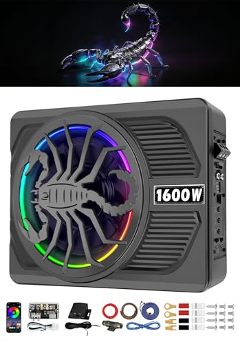 SUBPULSIX 1600W Slim Underseat Subwoofer with Built-in Amplifier, RGB Beat-Synced Light, Adjustable Low Pass/Gain/Bass Boost, Deep Bass All-in-One Subwoofer and Amp Package for Car/Truck/SUV/Jeep