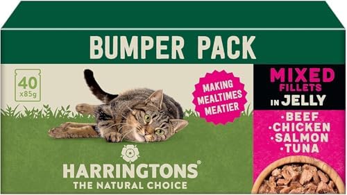 Harringtons Complete Wet Pouch Grain Free Hypoallergenic Adult Cat Food Mixed in Jelly Pack 40x85g - Beef, Chicken, Salmon & Tuna- Making Mealtimes Meatier