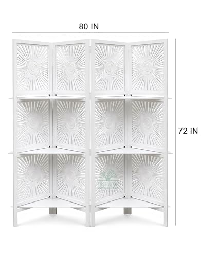 Image of Wooden Room Divider 6 Feet, 4-Panel Folding Wooden Partition for Living Room, Office, Pooja Room, Restaurant, Kitchen & Balcony (2W x 1.82H Meters). (White Shelves)
