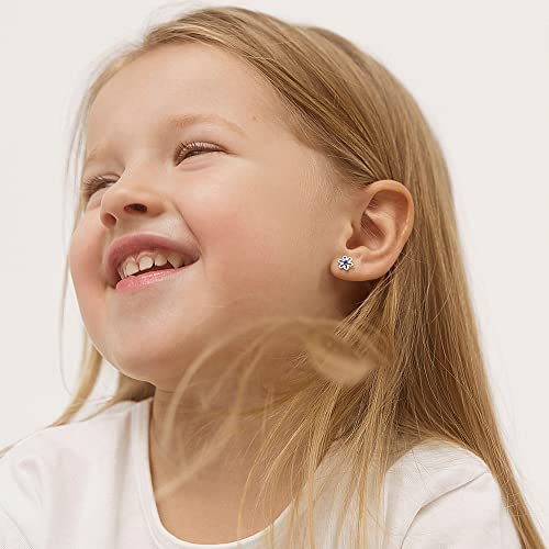 Image of In Season Jewelry CZ Flower Kids Earrings - 925 Sterling Silver Hypoallergenic Earrings for Girls with Secure Screw Backs - Safe & Comfortable for Toddlers, Kids & Little Girls