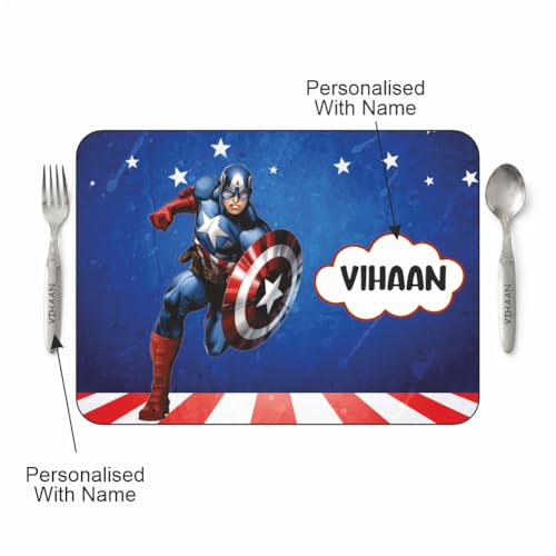 Image of Customized Table Mat with Name & Design Engraving | Personalized Dining Mat with Spoon & Fork | Customized Birthday Gift for Kids (Captain America)