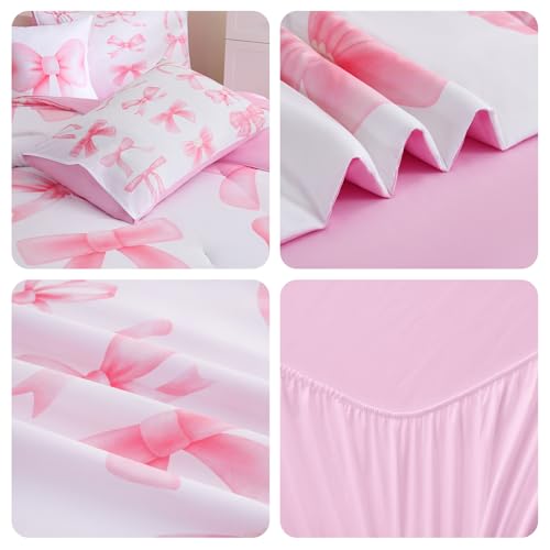 Image of DORCAS Bow Full Size Comforter Set for Girls,6 Pieces Bed in A Bag Pink Bow Bedding Sets with Sheets for Kids