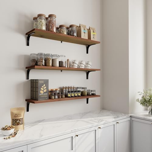 Image of Deep Floating Shelves, 12 Inch Extra Wide Solid Wood Wall Shelves, Heavy Duty Wall Mounted Bookshelf for Living Room, Kitchen and Bedroom, Set of 3 (36 Inch, Brown)