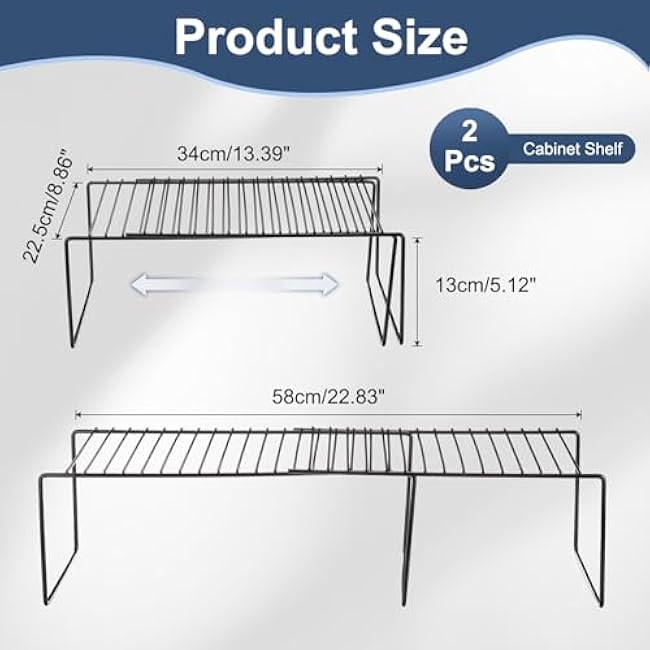 PATIKIL Cabinet Shelf Organizer Rack, 2Pcs 5 Inch Expandable Metal Cabinet Storage Shelves Space Saver Rack for Counter Kitchen Bathroom, Black