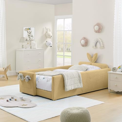 Image of KEIKI Twin Size Upholstered Platform Bed Frame with Guardrail, Slat, Yellow | Boucle Platform Bed with Cute Rabbit Ear Shaped Headboard, Pocket, for Boys and Girls, No Box Spring Required, Easy Assembly